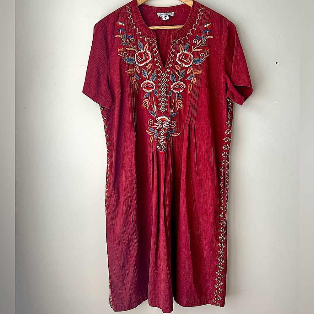 Coldwater Creek Burst of Blooms Embroidered Dress Red Size 10